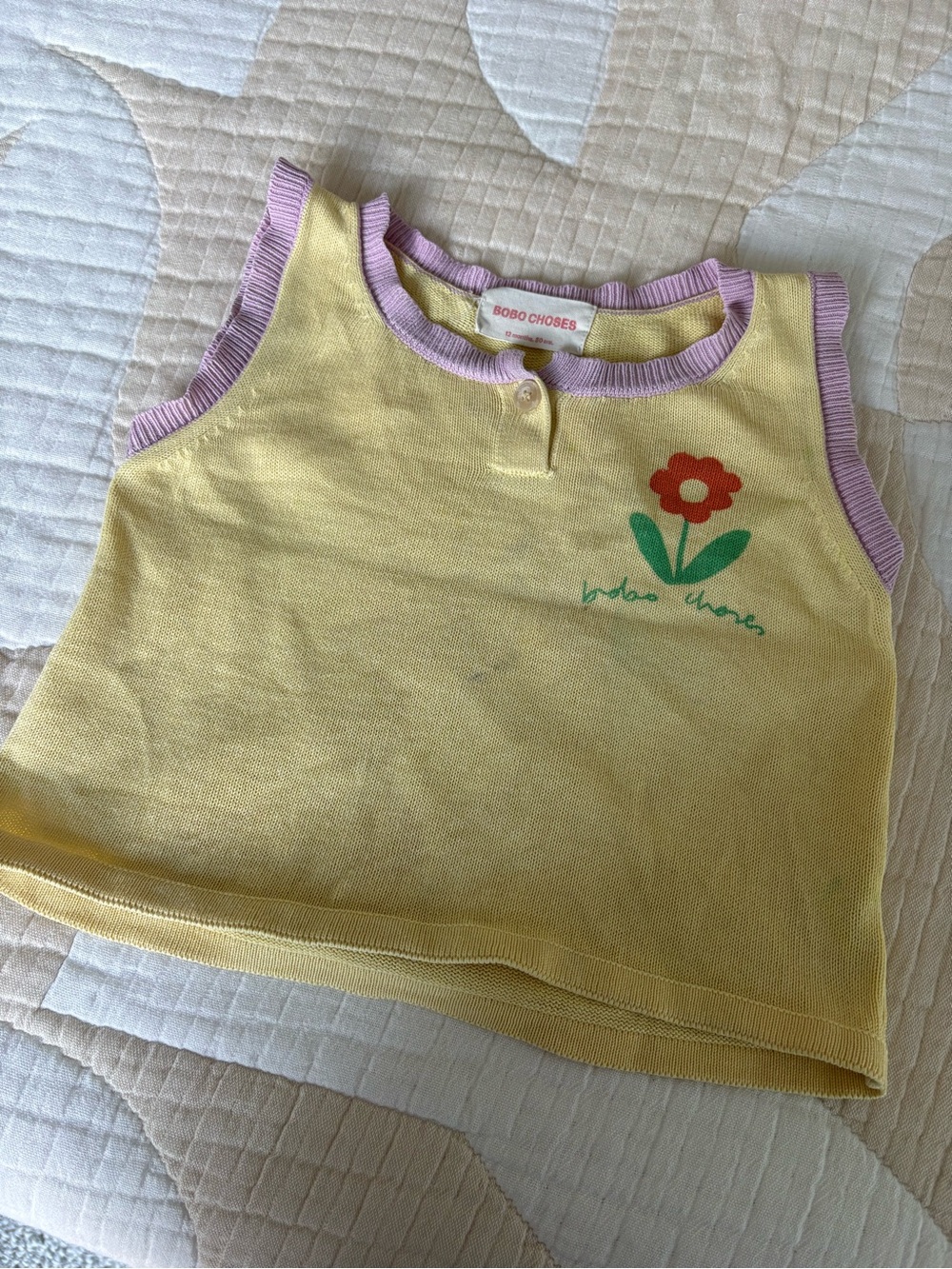 Bobo Choses Yellow Tank Top with Lavender Trim and Red Flower